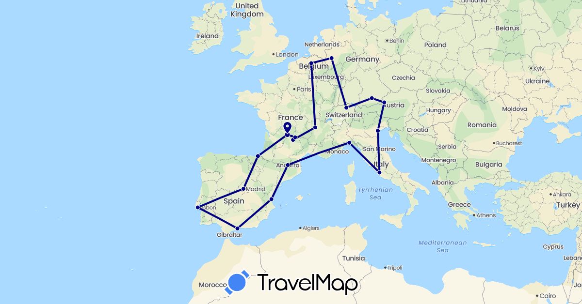 TravelMap itinerary: driving in Andorra, Austria, Belgium, Switzerland, Germany, Spain, France, Italy, Portugal (Europe)